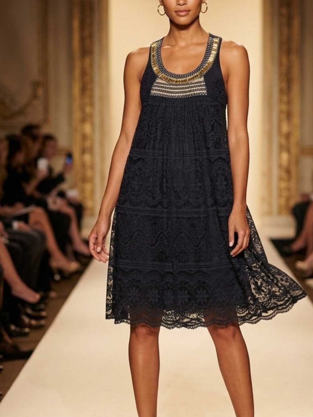 Navy Lace Mini Dress with Gold Bead Neckline